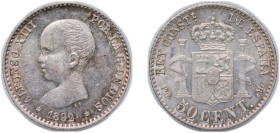 Spain Kingdom 1892 *9-2 PGM 50 Centimos - Alfonso XIII (1st portrait) Silver (.835) Madrid Mint (3953540) 2.5g UNC KM 690