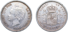 Spain Kingdom 1893 *18-93 PGL 5 Pesetas - Alfonso XIII (2nd portrait) Silver (.900) Madrid Mint (2500000) 25.1g VF KM 700