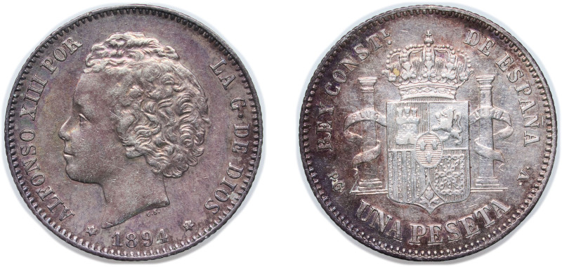 Spain Kingdom 1894 *18-94 PGV 1 Peseta - Alfonso XIII (2nd portrait) Silver (.83...