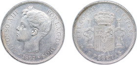 Spain Kingdom 1897 *18-97 SGV 5 Pesetas - Alfonso XIII (3rd portrait) Silver (.900) Madrid Mint (6733000) 25.1g UNC KM 707