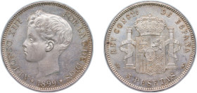 Spain Kingdom 1899 *18-99 SGV 5 Pesetas - Alfonso XIII (3rd portrait) Silver (.900) Madrid Mint (13930000) 24.9g UNC KM 707