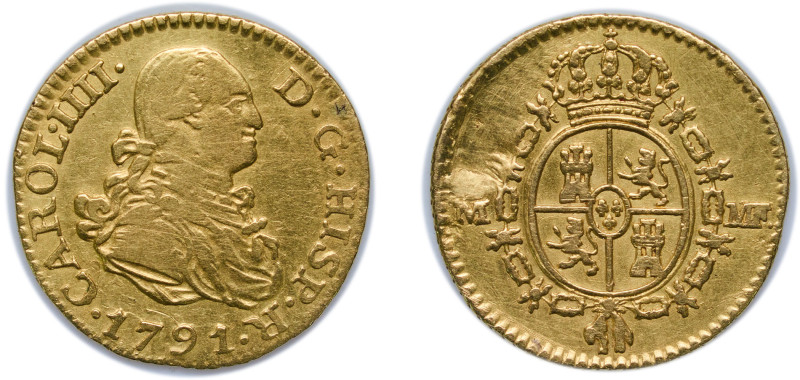 Spain Kingdom 1791 M MF ½ Escudo - Carlos IV Gold (.875) Madrid Mint 1.7g VF Too...