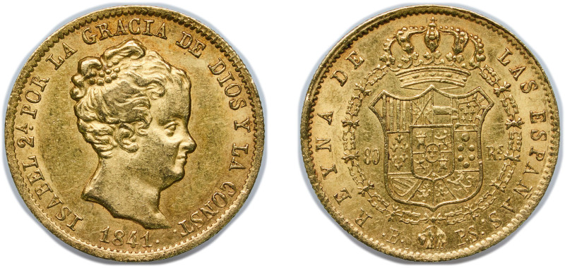 Spain Kingdom 1841 B PS 80 Reales - Isabel II (Small head) Original luster Gold ...