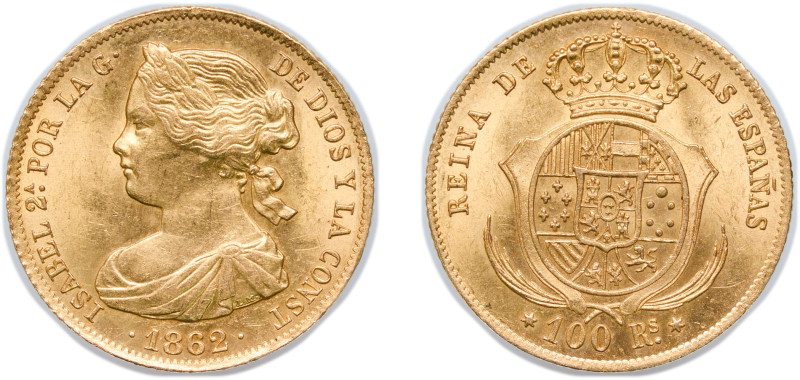 Spain Kingdom 1862 100 Reales - Isabel II Gold (.900) Madrid Mint 8.4g UNC KM 60...