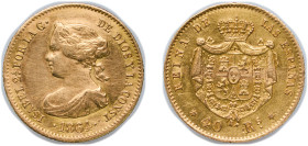 Spain Kingdom 1864 40 Reales - Isabel II Gold (.900) Madrid Mint 3.4g XF KM 618