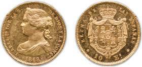 Spain Kingdom 1868 *18-68 10 Escudos - Isabel II Gold (.900) Madrid Mint 8.4g AU Rim Damage KM 636.1