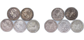 Spain Kingdom 1869-1884 2 Pesetas (5 Lots) Silver (.835) Madrid Mint VF