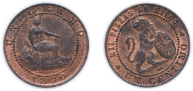 Spain Provisional Government 1870 OM 1 Centimo Bronze Barcelona Mint (169890697) 0.9g UNC KM 660