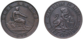 Spain Provisional Government 1870 OM 10 Centimos Bronze Barcelona Mint (170088000) 10g XF KM 663