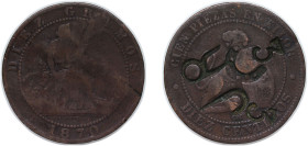 Spain Provisional Government 1870 OM 10 Centimos (Countermarked) Bronze Barcelona Mint (170088000) 9.7g VF KM 663