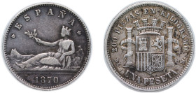 Spain Provisional Government 1870 *18-73 DEM 1 Peseta (ESPAÑA) Silver (.835) Madrid Mint (5164997) 4.9g VF KM 653