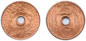 Spain Second Republic 1938 25 Centimos Brass (90% copper, 10% zinc) (45500000) 4.8g UNC KM 757