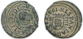 Spain Spanish states 1663 B R 4 Maravedis - Felipe IV Billon Burgos Mint 1.2g XF KM 156.1