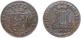 Spain Principality of Catalonia Spanish states 1837 6 Cuartos (6 CUAR) Copper Barcelona Mint 14.3g XF KM 128