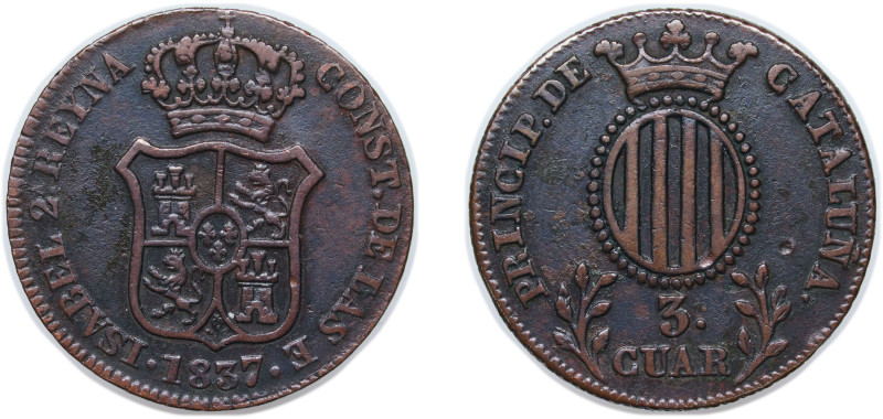 Spain Principality of Catalonia Spanish states 1837 3 Cuartos (3 CUAR) Copper Ba...