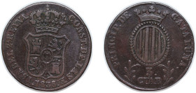 Spain Principality of Catalonia Spanish states 1838 3 Cuartos - Isabella II (3 CUAR) Copper Barcelona Mint 7.1g VF KM 126