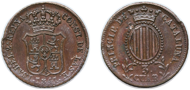 Spain Principality of Catalonia Spanish states 1841 3 Cuartos (3 CUAR) Copper Ba...