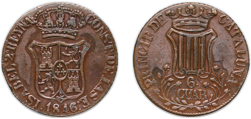 Spain Principality of Catalonia Spanish states 1846 6 Cuartos (6 CUAR) Copper Ba...