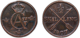 Sweden Kingdom 1807 ½ Skilling - Gustav IV Adolf (Avesta mint) Copper (1950000) 14.3g XF KM 565