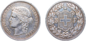 Switzerland Federal State 1890 B 5 Francs (Head of Helvetia) Silver (.900) Bern Mint (305000) 25g VF HMZ 2 1198 Divo/Tob19 297 KM 34 Schön 30 Y 33