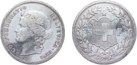 Switzerland Federal State 1891 B 5 Francs (Head of Helvetia) Silver (.900) Bern Mint (150000) 24.9g VF HMZ 2 1198 Divo/Tob19 297 KM 34 Schön 30 Y 33