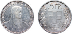 Switzerland Federal State 1922 B 5 Francs (Herdsman; silver; large type; 5 Fr.) Silver (.900) Bern Mint (2400000) 25g VF HMZ 2 1199 Divo/Tob19 298 KM ...