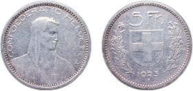 Switzerland Federal State 1923 B 5 Francs (Herdsman; silver; large type; 5 Fr.) Silver (.900) Bern Mint (11300000) 24.9g VF HMZ 2 1199 Divo/Tob19 298 ...