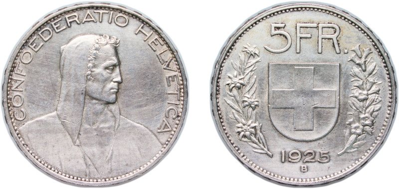 Switzerland Federal State 1925 B 5 Francs (Herdsman; silver; large type; 5 FR.) ...