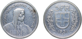 Switzerland Federal State 1931 B 5 Francs (Herdsman; silver; small type) Silver (.835) Bern Mint (3520000) 15g XF HMZ 2 1200 Divo/Tob19 301 KM 40 Schö...