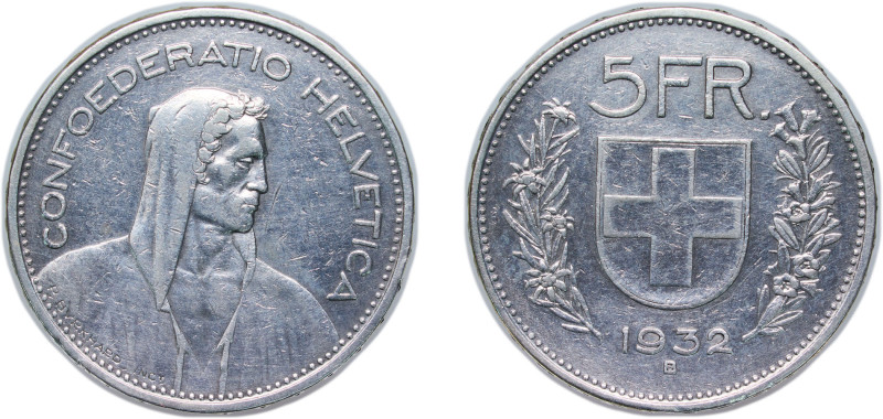 Switzerland Federal State 1932 B 5 Francs (Herdsman; silver; small type) Silver ...