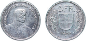 Switzerland Federal State 1933 B 5 Francs (Herdsman; silver; small type) Silver (.835) Bern Mint (5900000) 15g AU HMZ 2 1200 Divo/Tob19 301 KM 40 Schö...