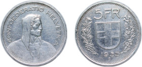 Switzerland Federal State 1933 B 5 Francs (Herdsman; small type) Silver (.835) Bern Mint (5900000) 15.1g AU HMZ 2 1200 Divo/Tob19 301 KM 40 Schön 36 Y...