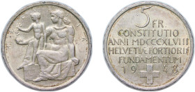 Switzerland Federal State 1948 B 5 Francs (Constitution) Silver (.835) Bern Mint (500400) 15g UNC HMZ 2 1223h Divo/Tob19 333 KM 48 Schön 43 Y 53