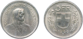 Switzerland Federal State 1966 B 5 Francs (Herdsman; silver; small type) Silver (.835) Bern Mint (9016000) 15g UNC HMZ 2 1200 Divo/Tob19 301 KM 40 Sch...