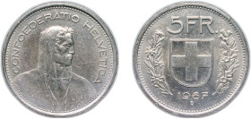 Switzerland Federal State 1967 B 5 Francs (Herdsman; silver; small type) Silver (.835) Bern Mint (13817000) 15g AU HMZ 2 1200 Divo/Tob19 301 KM 40 Sch...