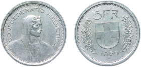 Switzerland Federal State 1969 B 5 Francs (Herdsman; silver; small type) Silver (.835) Bern Mint (8637000) 15g UNC HMZ 2 1200 Divo/Tob19 301 KM 40 Sch...