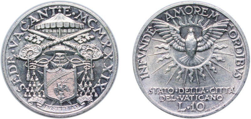 Vatican City City State 1939 10 Lire - Sede Vacante Silver (.835) Rome Mint (300...