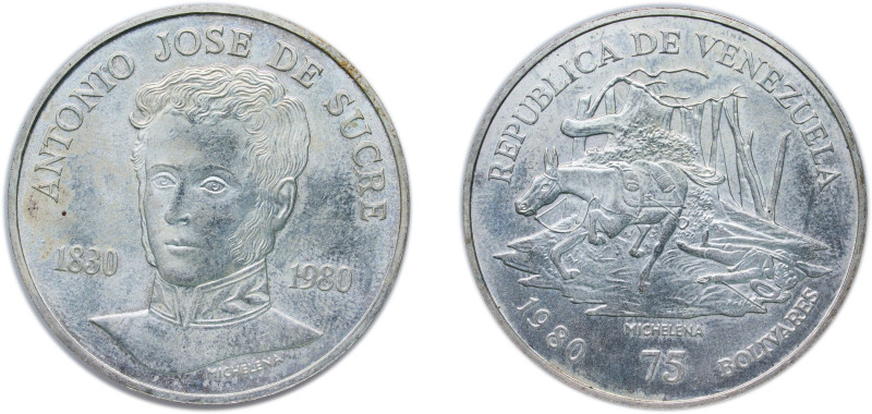 Venezuela Fourth Republic 1980 75 Bolívares (Antonio José de Sucre) Silver (.900...