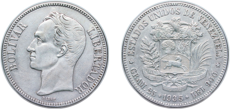 Venezuela United States 1935 5 Bolívares Silver (.900) Philadelphia Mint (160000...