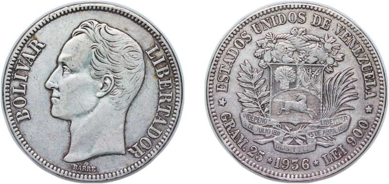 Venezuela United States 1936 5 Bolívares Silver (.900) Philadelphia Mint 25g XF ...