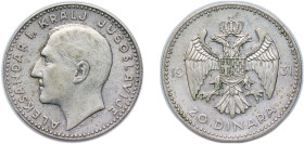Yugoslavia Kingdom 1931 20 Dinara - Aleksandar I Silver (.500) Belgrade Mint (12500000) 14g VF KM 11 Schön 9