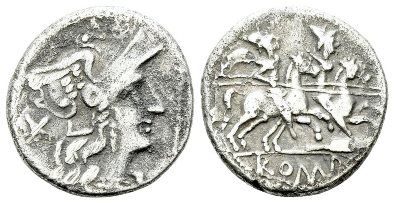 Staff and feather. Denarius circa 206-200, AR 16.00 mm., 2.94 g.
Helmeted head ...