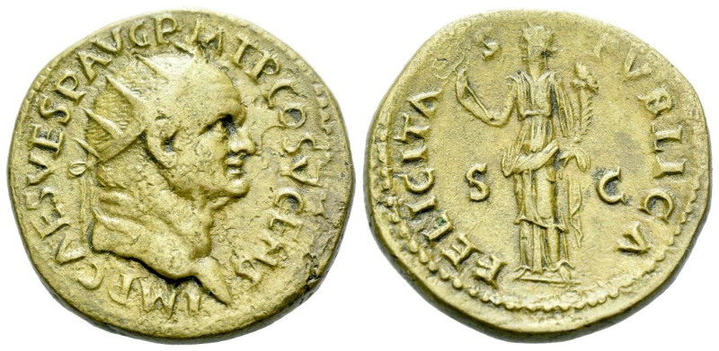 Vespasian, 69-79 Dupondius circa 74, Æ 28.50 mm., 12.03 g.
Radiate head l. Rev....