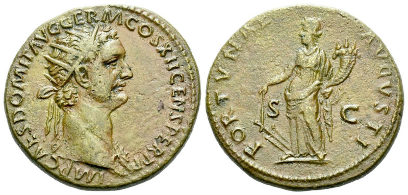 Domitian, 81-96 Dupondius circa 86, Æ 28.50 mm., 12.25 g.
Radiate bust r., wear...