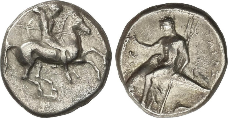 GREEK COINS
Nomos. 332-302 a.C. TARENTUM. CALABRIA. Anv.: Guerrero con escudo e...