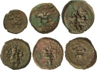 CELTIBERIAN COINS
Lote 6 monedas. EBUSUS (IBIZA). AE. 5 monedas semis del tipo con Bes y leyenda fenicia y 1/4 Calco del tipo Bes y toro embistiendo....