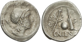 ROMAN COINS: ROMAN REPUBLIC
Denario. 76-75 a.C. CORNELIA. Cn. Cornelius Lentulus Marcellinus. Anv.: Busto diademado del genio del Pueblo a derecha, d...