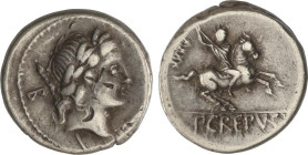 ROMAN COINS: ROMAN REPUBLIC
Denario. 82 a.C. CREPUSIA. Publius Crepusius. Anv.: Cabeza laureada de Apolo a derecha, delante símbolo, detrás B y cetro...