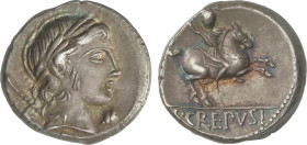 ROMAN COINS: ROMAN REPUBLIC
Denario. 82 a.C. CREPUSIA. Publius Crepusius. Anv.: Cabeza laureada de Apolo a derecha, delante símbolo, detrás cetro. Re...