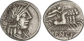 ROMAN COINS: ROMAN REPUBLIC
Denario. 123 a.C. FANNIA. Marcius Fannius C.f. Anv.: Cabeza de Roma a derecha entre ROMA y X. Rev.: Victoria en cuadriga ...